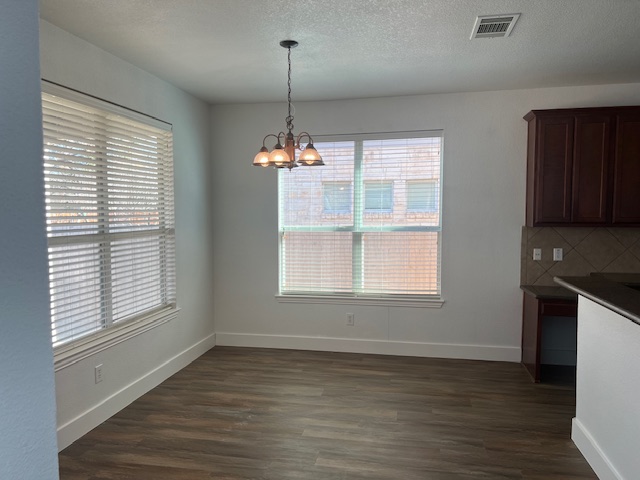 1374 Red Stag Place Round Rock, TX 78665 - Photo 9 of 34 Unfurnished dining area with suspended lighting, dark wood-style flooring, and a textured ceiling