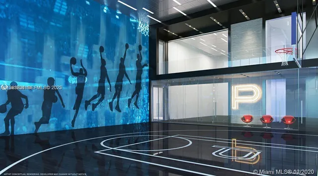 a view of a tennis ground with a small park