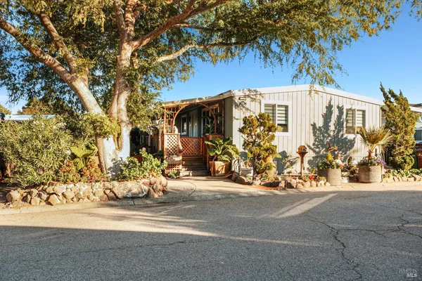 a front view of a house with a tree