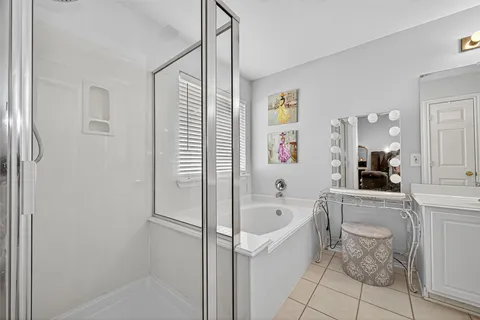 a garden view with a seating space