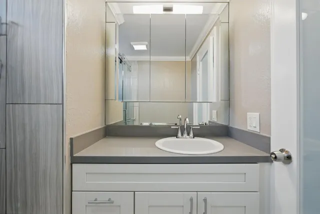 a bathroom with a sink and a mirror