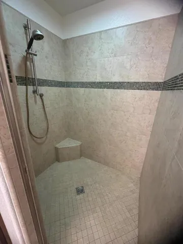a bathroom with a shower and toilet