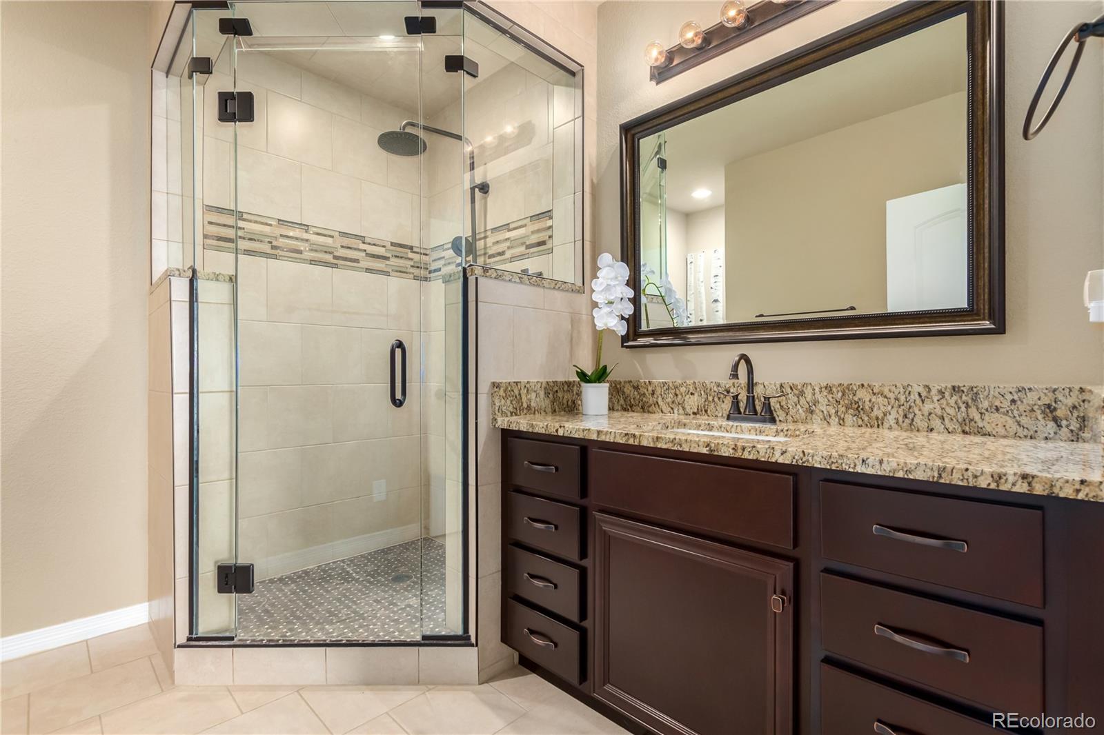 24389 East Brandt Avenue Aurora, CO 80016 - Photo 36 of 49 a bathroom with a granite countertop sink mirror and shower