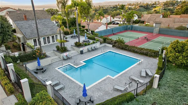 an aerial view of a house with a garden