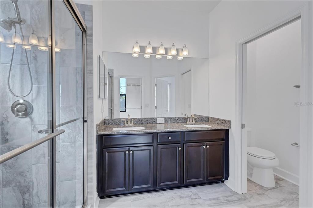 5830 Circa Fishhawk Boulevard Lithia, FL 33547 - Photo 24 of 37 a bathroom with a granite countertop sink a toilet and a mirror