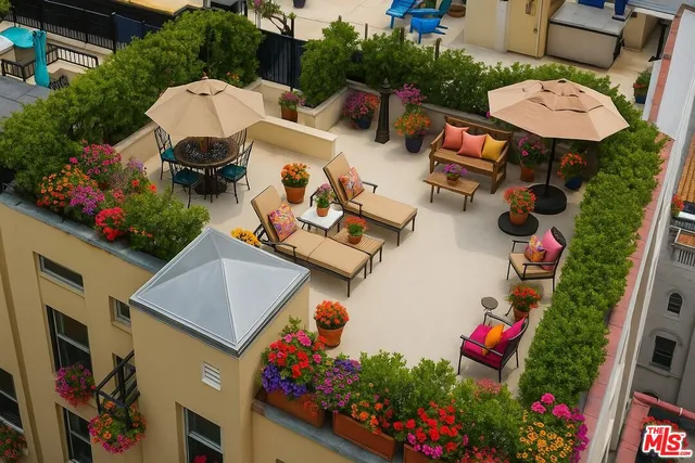 an outdoor space with furniture