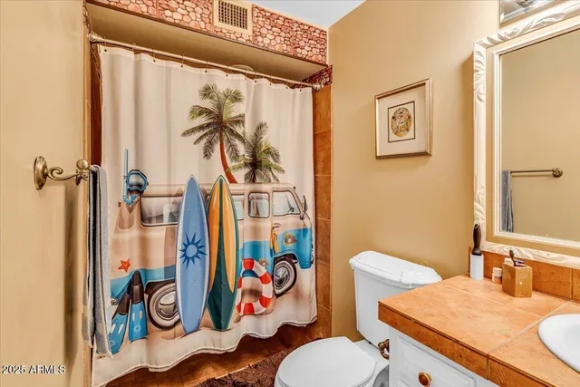 a bathroom with a shower and a toilet