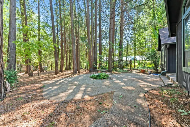 a view of wooden house with large trees and a small yard