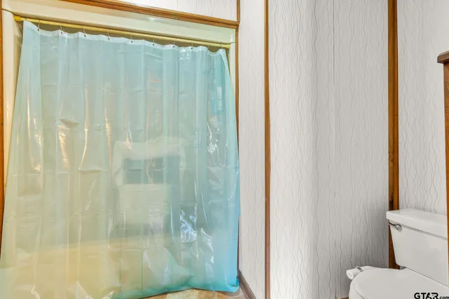 a bathroom with a toilet and a shower curtain