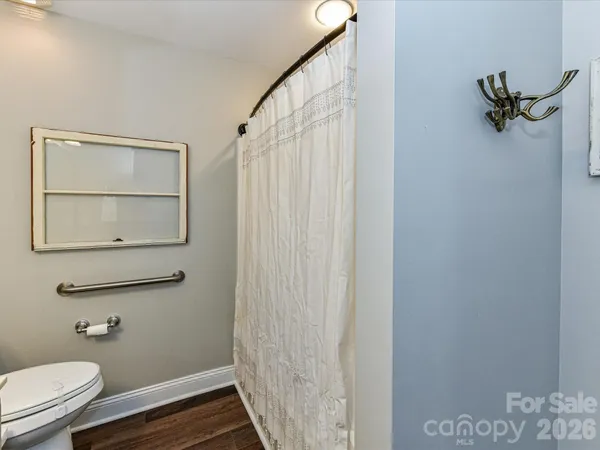 a bathroom with a toilet and a shower curtain