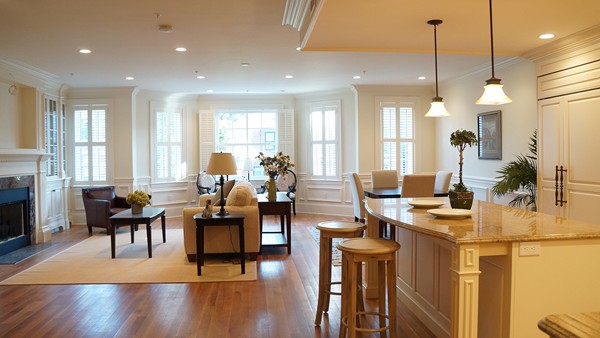 447 Beacon Street, Unit 3 Boston, MA 02115 - Photo 3 of 7 a living room with stainless steel appliances granite countertop furniture a fireplace a rug kitchen view and a large window