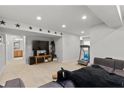 a living room with furniture gym equipment and a flat screen tv