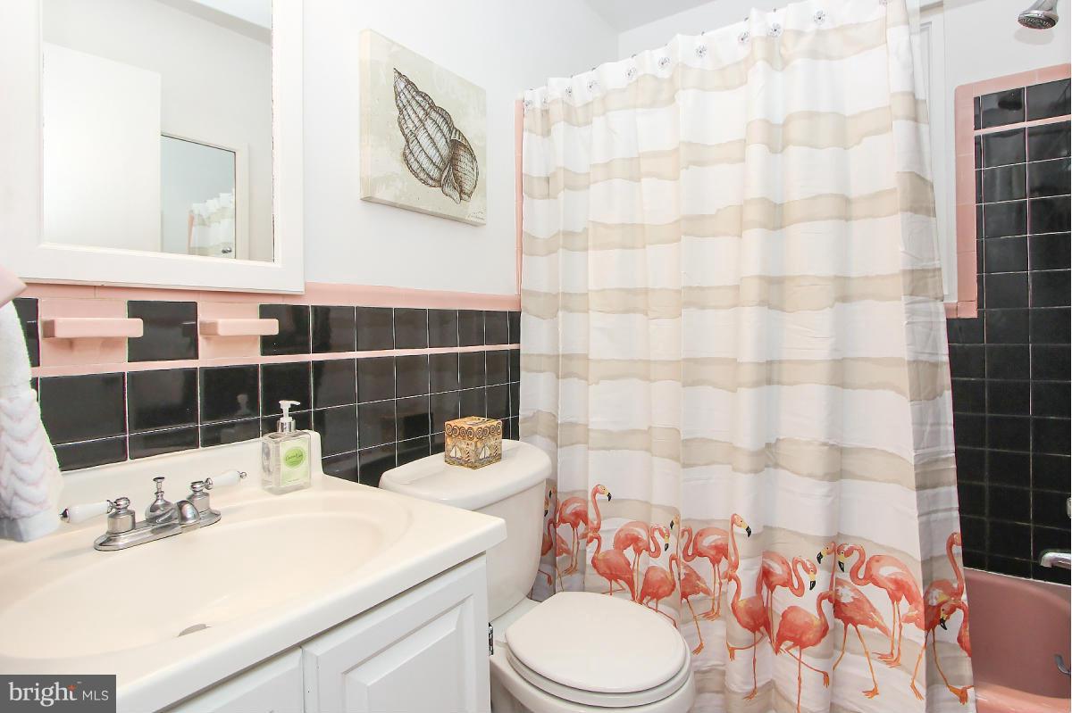 1304 Chalmers Road Silver Spring, MD 20903 - Photo 13 of 19 a bathroom with a sink a toilet and shower curtain