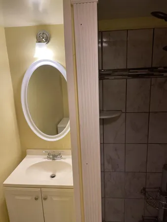 a bathroom with a sink and mirror