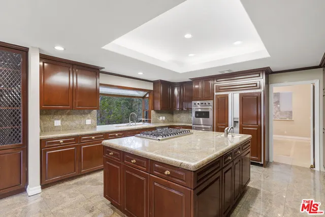 a kitchen with stainless steel appliances granite countertop a sink and a refrigerator