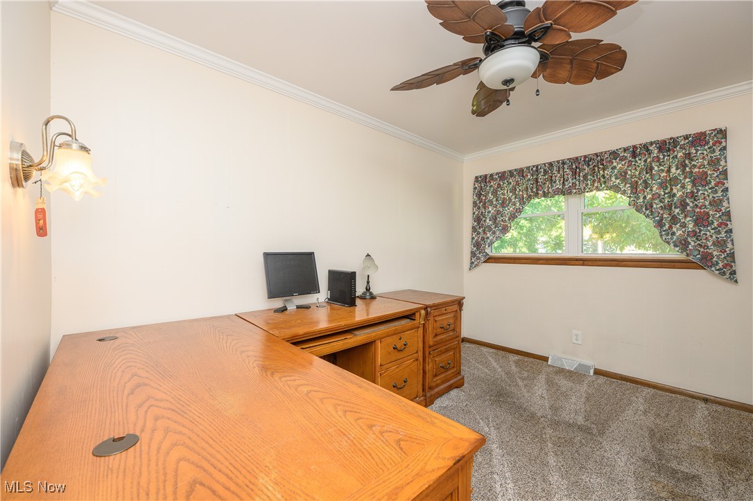 1320 Perry Drive Northwest Canton, OH 44708 - Photo 12 of 34 Office with ornamental molding, carpet, and ceiling fan