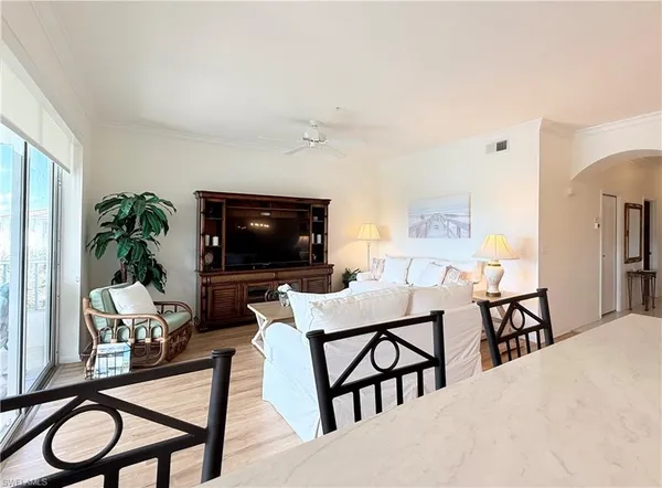 a living room with furniture a flat screen tv and a potted plant