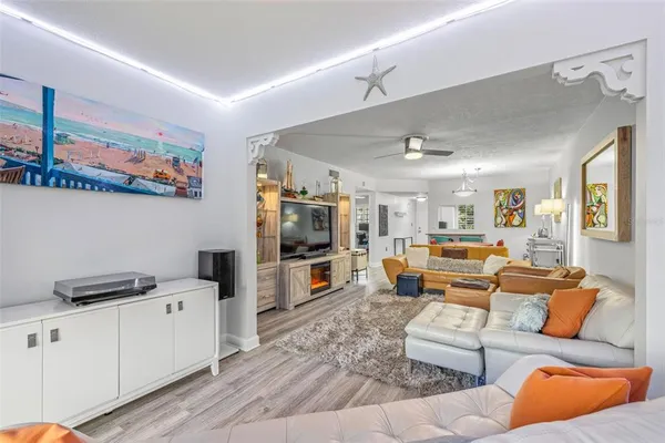 a view of balcony with wooden floor