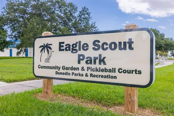 a view of a park with large trees