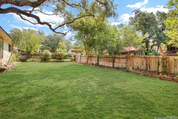 a view of a yard with large trees