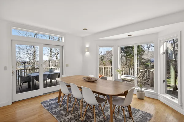 a living room with furniture a potted plant and a wooden floor