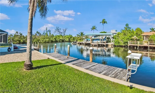 a view of a lake with a yard and a large tree
