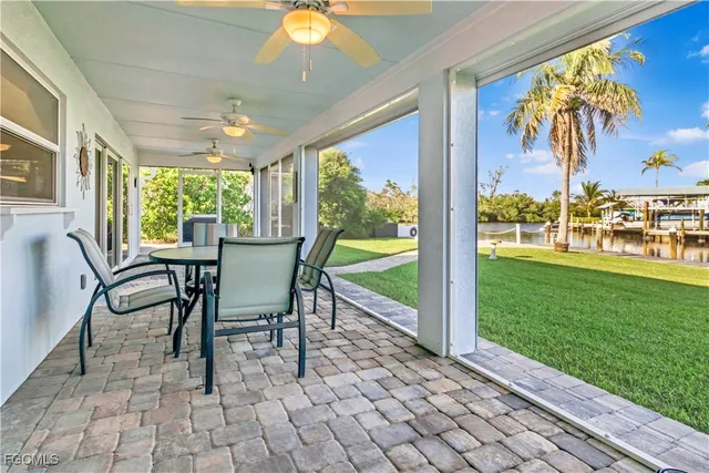 a view of a patio with a garden