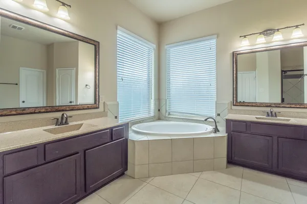 a bathroom with a sink double vanity and a mirror