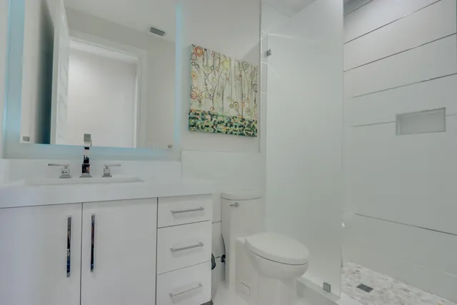 a bathroom with a shower and toilet