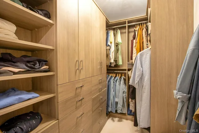 a view of walk in closet with clothes and shoes