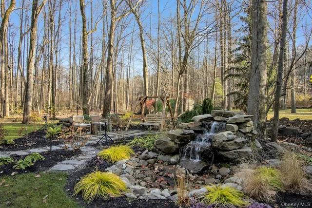 a view of swimming pool with lawn chairs and plants