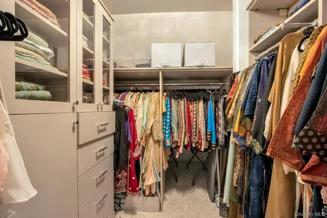 a view of walk in closet with clothes