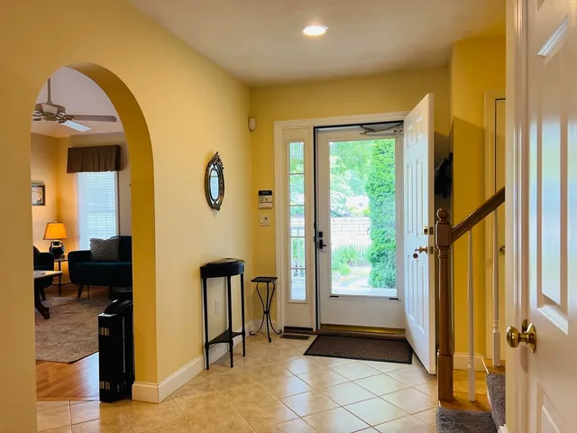 a view of front door with workspace