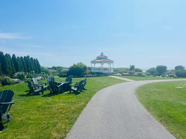 a view of a garden with lawn chairs