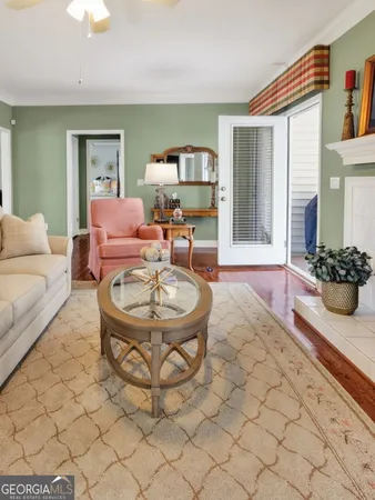 a room with a table and windows