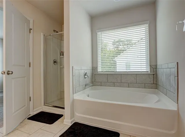 a bathroom with a bathtub and a shower