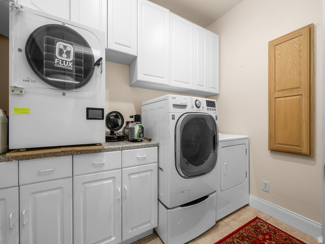1317 South Pond Circle Mapleton, UT 84664 - Photo 21 of 63 Laundry area featuring a front-load washer with pedestal, a dryer, and extensive white cabinetry