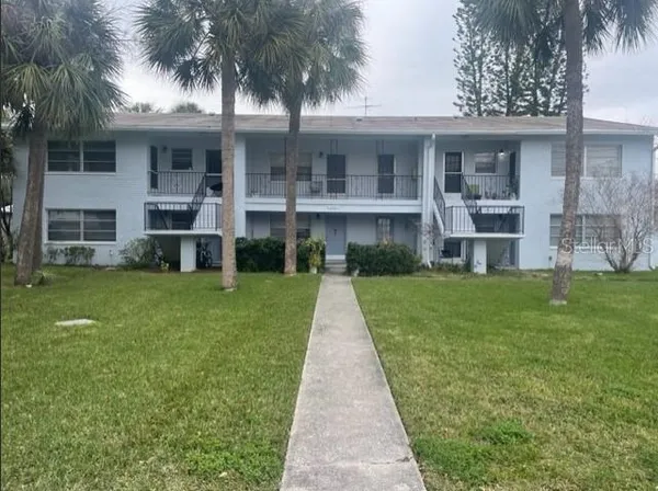 a front view of a house with a yard and palm tree
