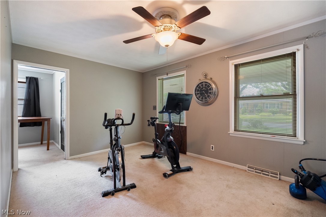 542 Garnette Road Akron, OH 44313 - Photo 12 of 24 Carpeted room featuring a ceiling fan with integrated lighting, two windows with blinds, and neutral painted walls