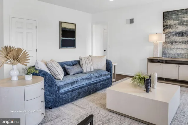 a living room with furniture and a potted plant