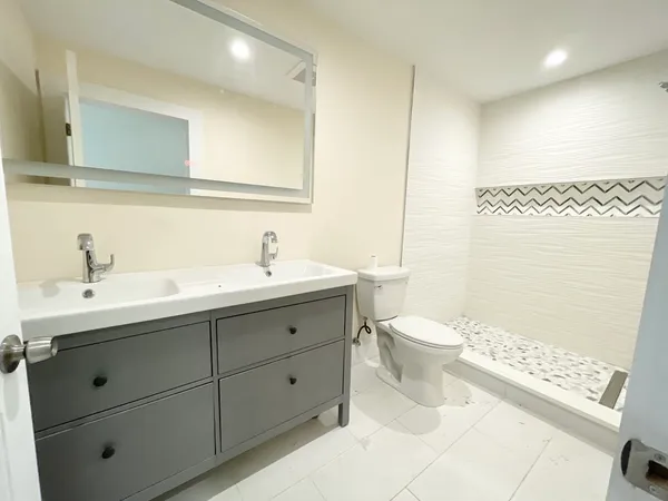 a bathroom with a double vanity sink mirror and toilet