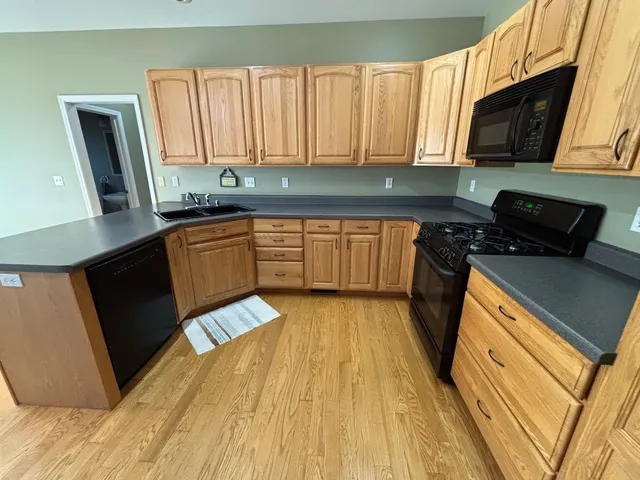 a kitchen with stainless steel appliances granite countertop a stove a sink dishwasher and a microwave oven with cabinets