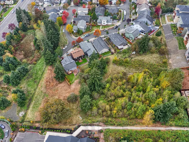 an aerial view of residential houses with outdoor space and trees