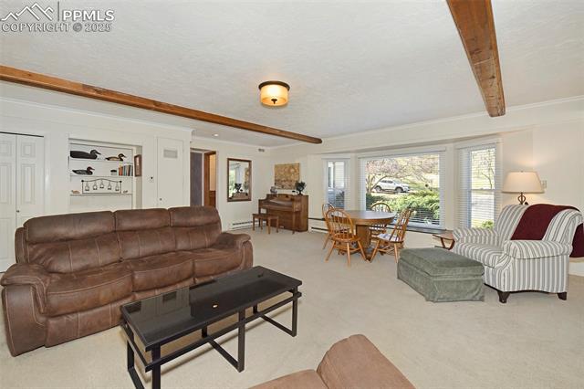2421 Strickler Road Colorado Springs, CO 80906 - Photo 23 of 44 Carpeted living room featuring a textured ceiling and beamed ceiling
