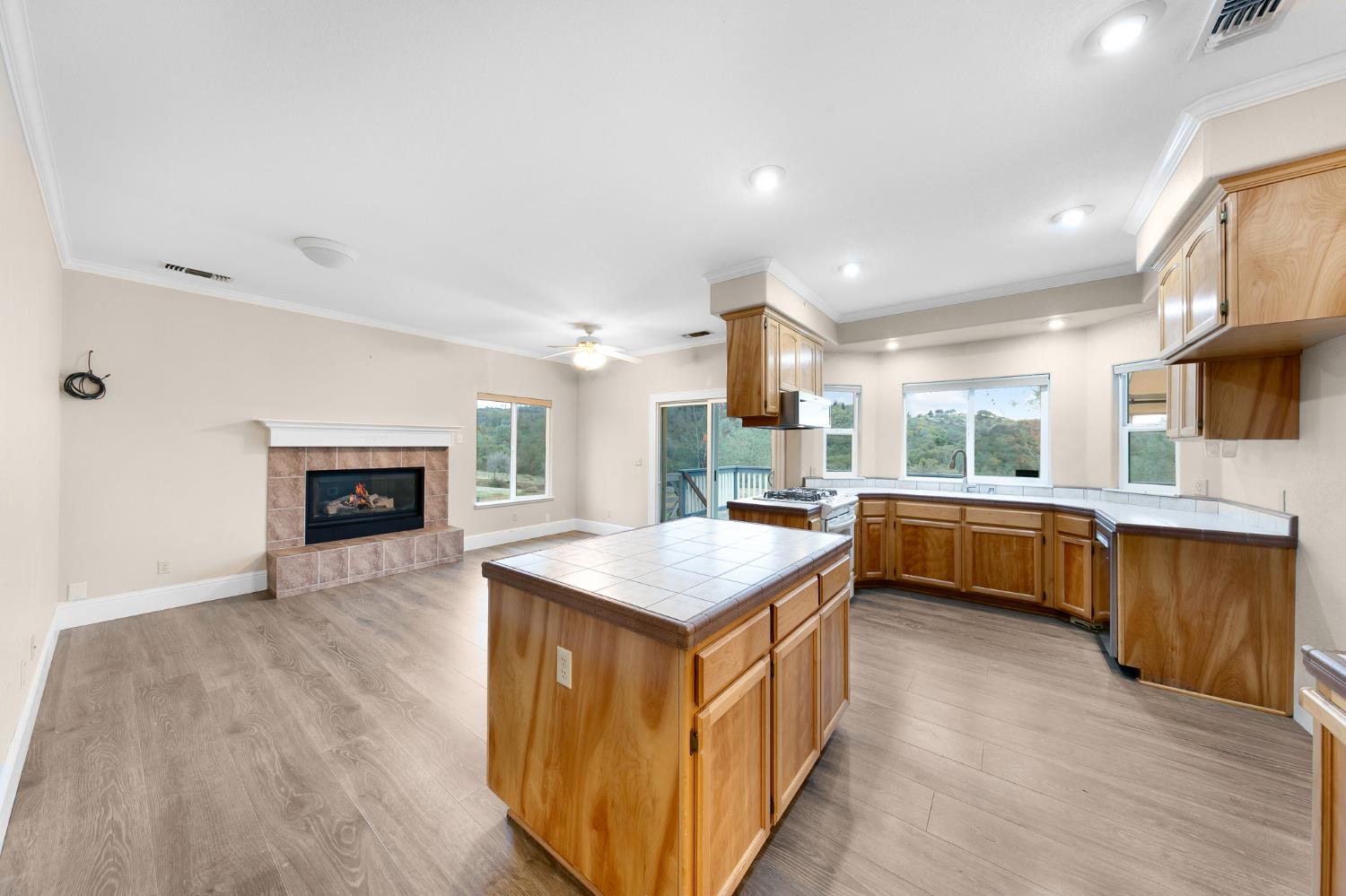 1261 Jurgens Road Rescue, CA 95672 - Photo 12 of 74 a kitchen with stainless steel appliances granite countertop a stove top oven a sink dishwasher and a fireplace with wooden floor