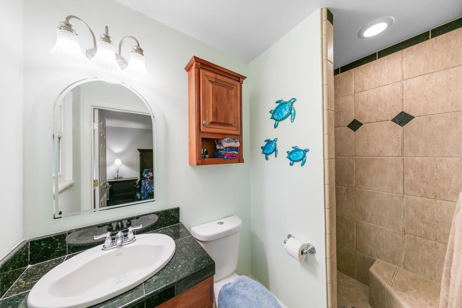 1261 Jurgens Road Rescue, CA 95672 - Photo 55 of 74 a bathroom with a granite countertop sink a toilet and a mirror
