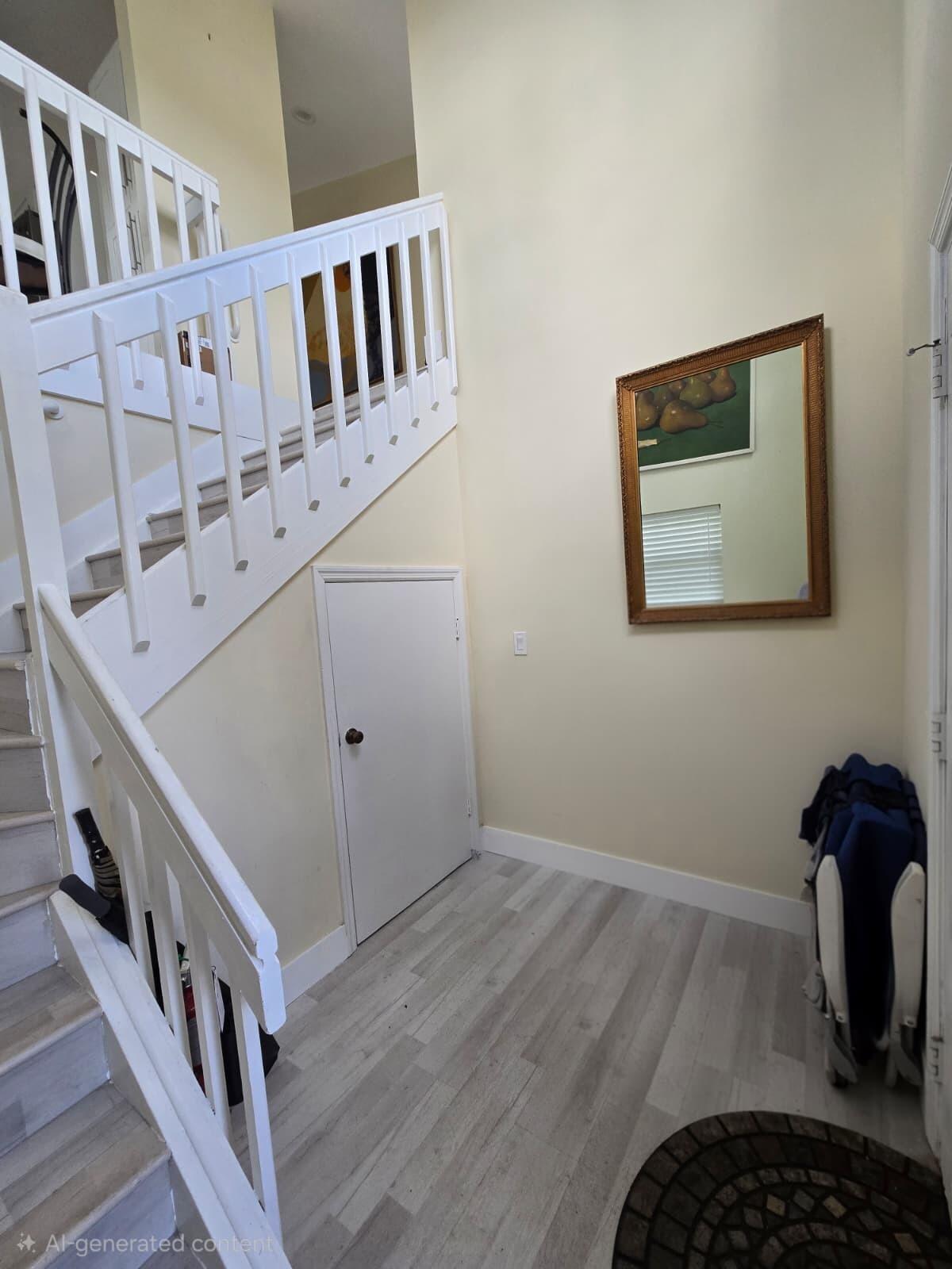 10870 Lakemore Lane, Unit 201 Boca Raton, FL 33498 - Photo 3 of 26 a view of staircase with lots of frames on wall and wooden floor