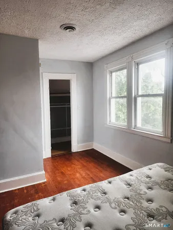a view of a bedroom with closet and windows