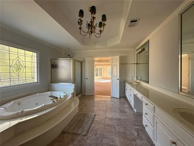 a bathroom with a tub sink and mirror