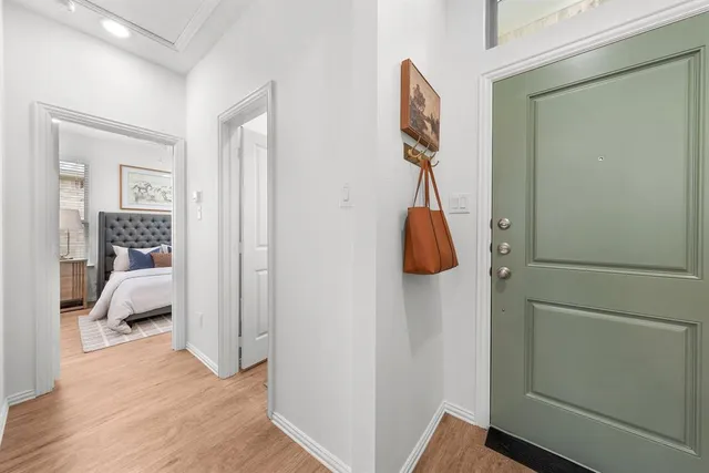 a room that has a bed and a walk in closet